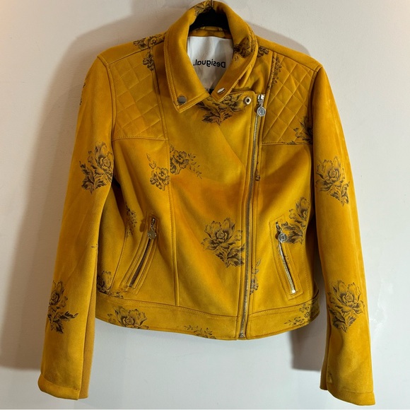 DESIGUAL Sz 38 Jacket Moto Style Floral Pattern Quilted Shoulders Unique Lining - Picture 5 of 16